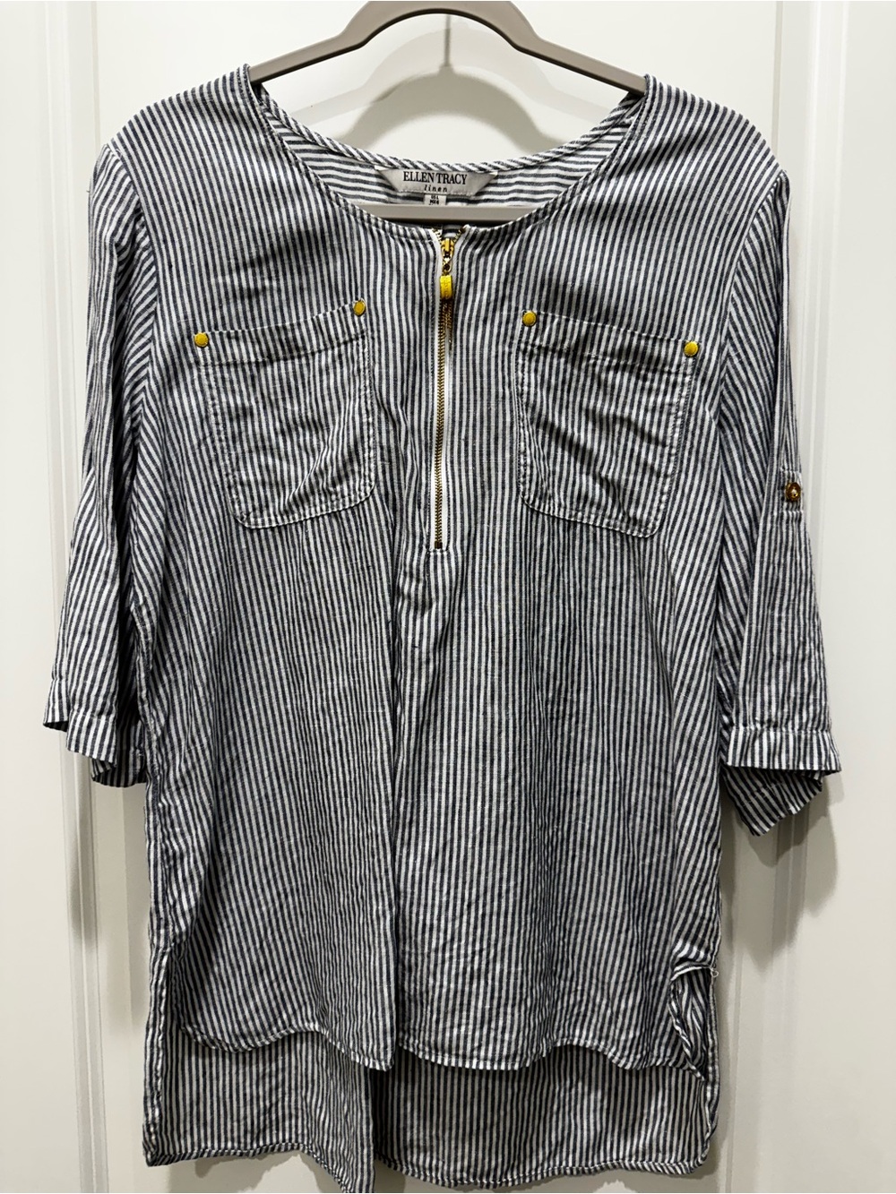 Ellen Tracy Black-and-White Striped Zip-Front Long Sleeve Shirt